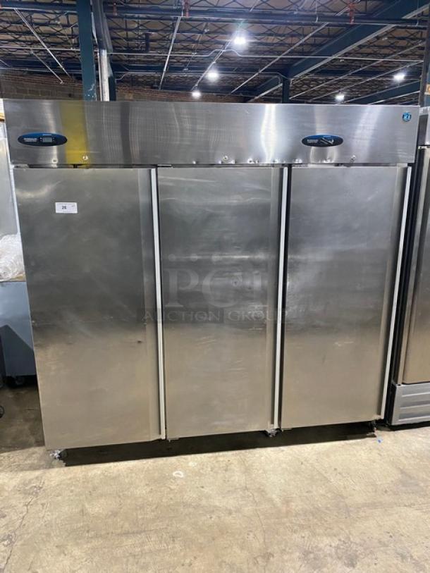 Hoshizaki Commercial Stainless Steel Solid 3 Door Upright Triple Section Reach In Refrigerator! With Poly Coated Wire Racks! Model: CR3S-FSCL SN: F70019J! 115V 1 Phase! On Casters! - Image 1 of 11