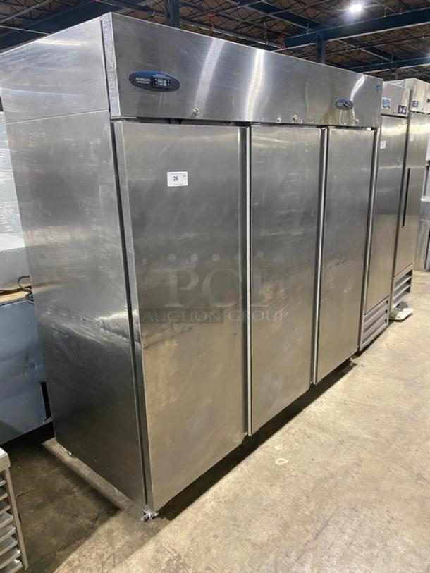 Hoshizaki Commercial Stainless Steel Solid 3 Door Upright Triple Section Reach In Refrigerator! With Poly Coated Wire Racks! Model: CR3S-FSCL SN: F70019J! 115V 1 Phase! On Casters! - Image 2 of 11