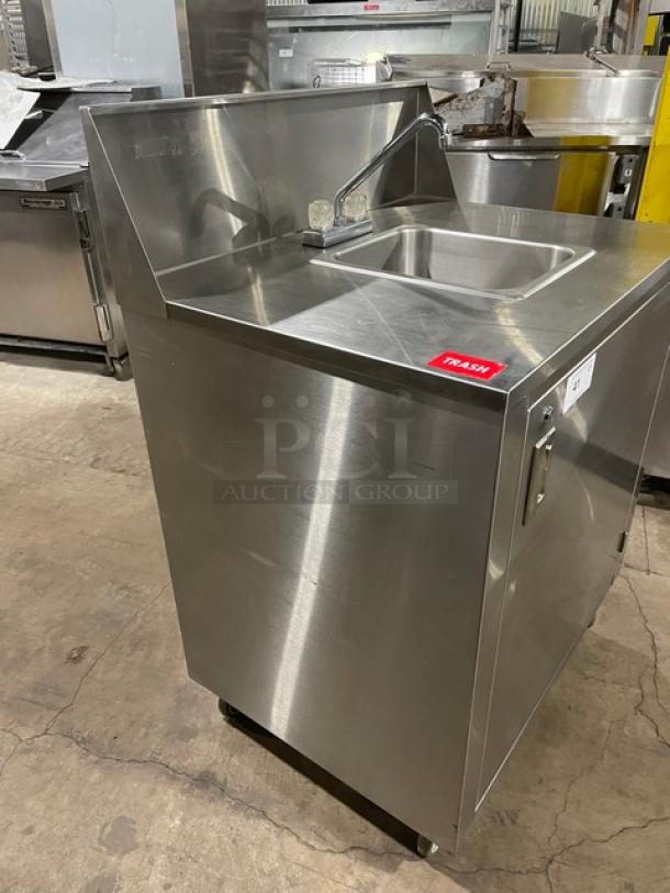 Commercial Stainless Steel Single Well Hot & Cold Mobile Handwashing Station! With Back Splash & Swivel Gooseneck Faucet! With Enclosed Cabinet Base! On Casters! - Image 2 of 6