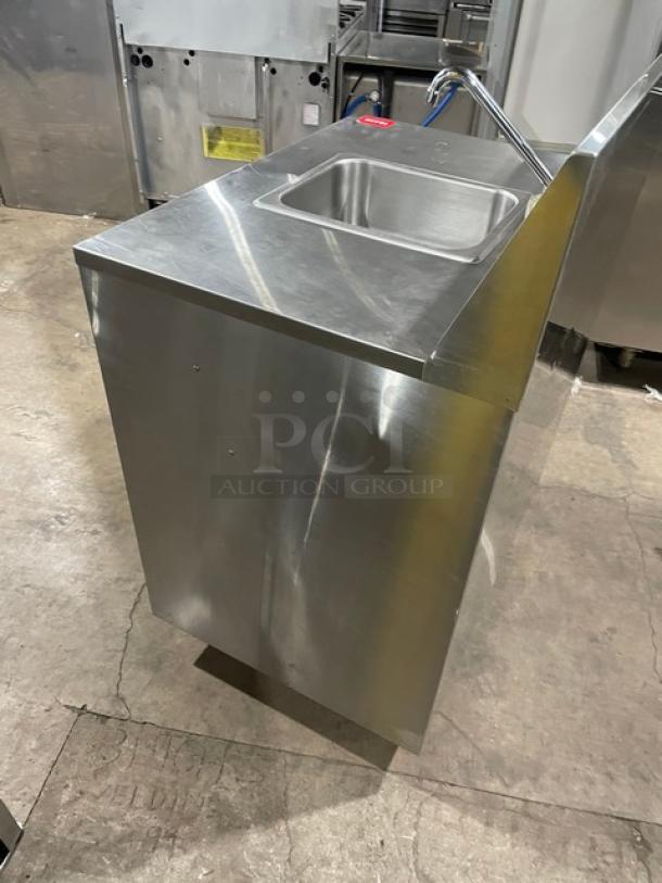 Commercial Stainless Steel Single Well Hot & Cold Mobile Handwashing Station! With Back Splash & Swivel Gooseneck Faucet! With Enclosed Cabinet Base! On Casters! - Image 4 of 6