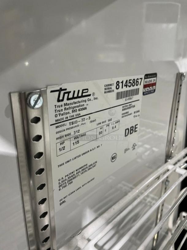True Commercial White Slanted Glass Single Duty Refrigerated Deli Merchandiser Display Showcase! With Stainless Steel Serve-Over Countertop! With Adjustable Poly Coated Wire Shelves! With Rear Double Glass Sliding Doors! Model: TSID-72-3 SN: 8145867! 115V 1 Phase! - Image 6 of 7