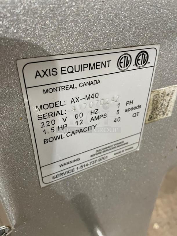 Axis Commercial Electric Powered Heavy Duty 40 Qt. Planetary Mixer! With Stainless Steel Bowl Guard! With Spiral Dough Hook Attachment! Model: AX-M40 SN: 417070242! 220V 1 Phase! - Image 8 of 9