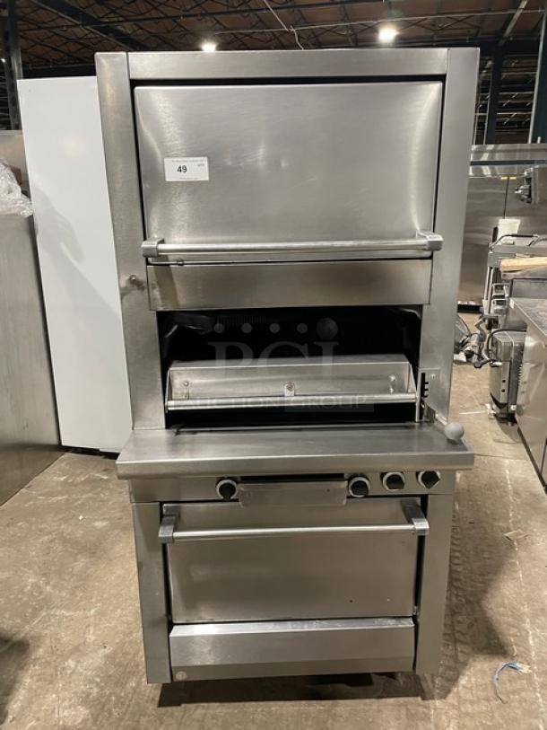 Garland Commercial Stainless Steel Natural Gas Powered Heavy-Duty Upright Deck-Style Infrared Broiler/Oven Combo! With Enclosed Overhead Finishing Oven/Cheese Melter! With Wired Oven Racks! On Legs! - Image 1 of 8