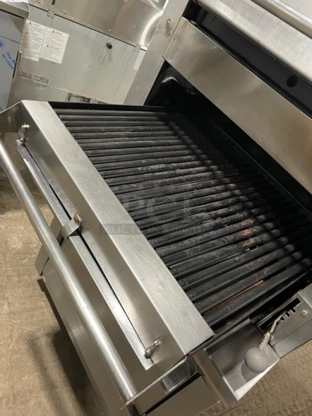 Garland Commercial Stainless Steel Natural Gas Powered Heavy-Duty Upright Deck-Style Infrared Broiler/Oven Combo! With Enclosed Overhead Finishing Oven/Cheese Melter! With Wired Oven Racks! On Legs! - Image 6 of 8