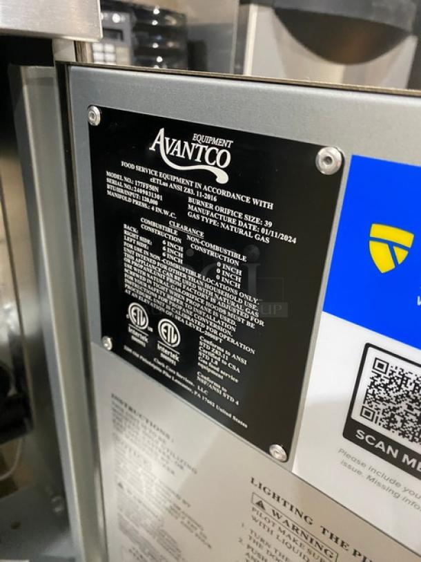 NEW! Scratch-N-Dent! Avantco! 2024 Late Model! Commercial Stainless Steel Natural Gas Powered 50 Lb. Deep Fat Fryer! With Back Splash & Basket Hanger! With Fry Baskets! Model: 177FF50N SN: 2409031301! - Image 9 of 10