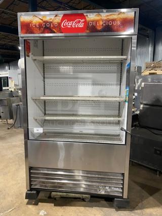 True Coca-Cola Style Commercial Stainless Steel Multi-Tier Refrigerated Open Grab-N-Go Merchandiser Display Case! With Adjustable Poly Coated Wire Racks! Model: TAC-48-LD SN: 9365189! 208-230V 1 Phase! On Legs! Working When Removed!