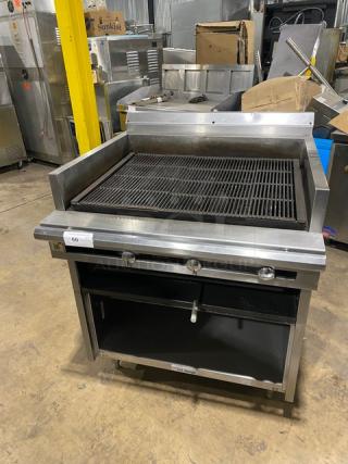 U.S. Range Commercial Stainless Steel Natural Gas Powered Char Broiler! With Back & Side Splash! With Pan Rail! With Enclosed Storage Base! On Legs! Working When Removed!