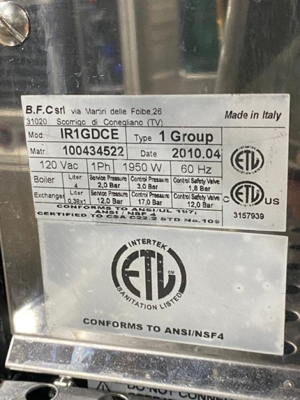 BFC Lira Series Commercial Stainless Steel Electric Powered Countertop Single Group Automatic Cappuccino/Espresso Coffee Machine! Model: IR1GDCE SN:100434522! 120V 1 Phase! On Legs! - Image 7 of 9
