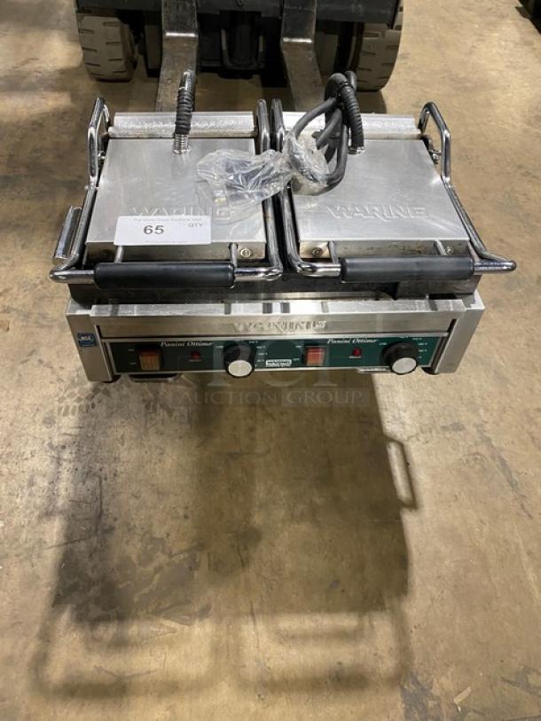 Waring Panini Ottimo Series Commercial Stainless Steel Electric Powered Countertop Double Panini Sandwich Grill! With Thermostatic Controls! With Grooved/Ribbed Grates! Model: WPG300 SN: 3222! 240V! On Legs! - Image 1 of 8