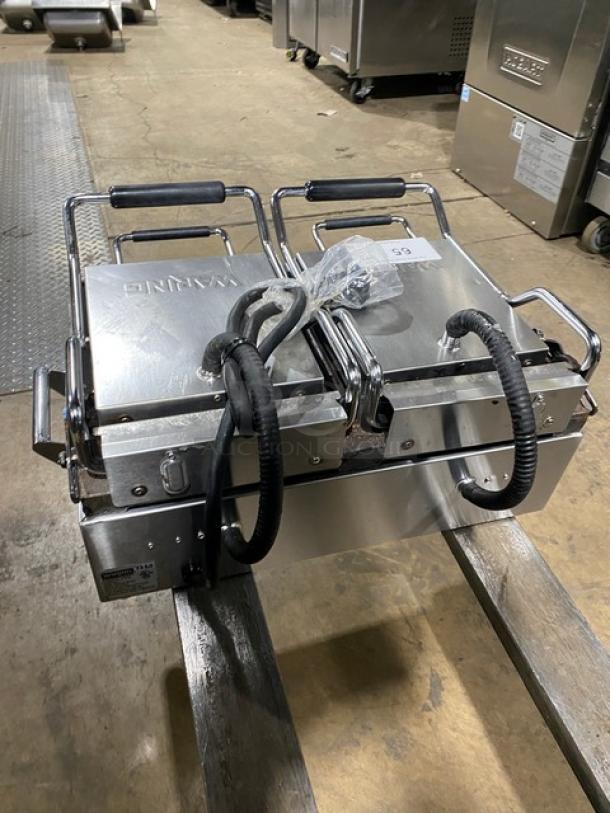 Waring Panini Ottimo Series Commercial Stainless Steel Electric Powered Countertop Double Panini Sandwich Grill! With Thermostatic Controls! With Grooved/Ribbed Grates! Model: WPG300 SN: 3222! 240V! On Legs! - Image 4 of 8