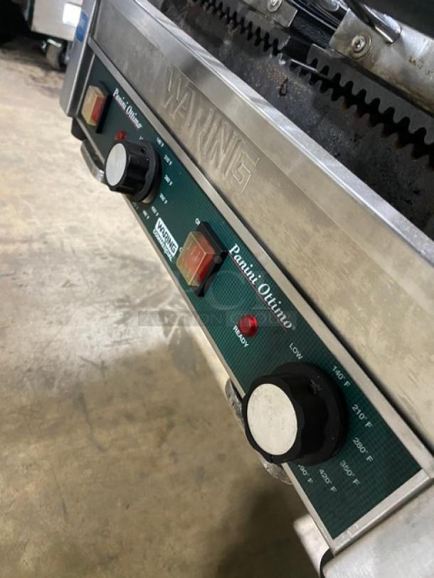 Waring Panini Ottimo Series Commercial Stainless Steel Electric Powered Countertop Double Panini Sandwich Grill! With Thermostatic Controls! With Grooved/Ribbed Grates! Model: WPG300 SN: 3222! 240V! On Legs! - Image 7 of 8