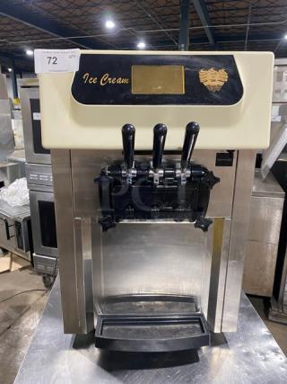 Vevor Commercial Stainless Steel Electric Powered Countertop Mini Dual Flavor/Twist Soft Serve Ice Cream/Frozen Yogurt Machine! With 2 Hoppers & 3 Dispensers! With Drip Tray! Model: YKF-8216T SN: SB0966! 110V! On Legs!