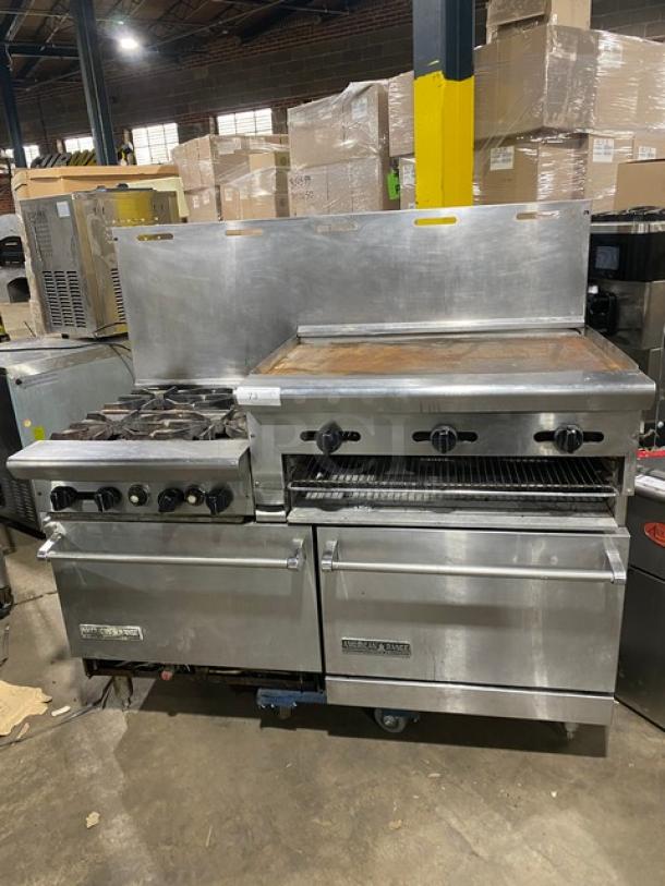 American Range Commercial Stainless Steel Natural Gas Powered 4 Burner Range/Raised Flat Griddle Split Top & Double Oven Combo! With Built-In Broiler/Cheese Melter! With Back Splash & Wire Oven Racks! On Legs! - Image 1 of 9