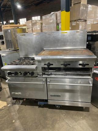 American Range Commercial Stainless Steel Natural Gas Powered 4 Burner Range/Raised Flat Griddle Split Top & Double Oven Combo! With Built-In Broiler/Cheese Melter! With Back Splash & Wire Oven Racks! On Legs!