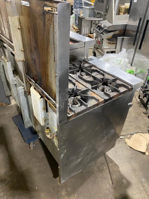 American Range Commercial Stainless Steel Natural Gas Powered 4 Burner Range/Raised Flat Griddle Split Top & Double Oven Combo! With Built-In Broiler/Cheese Melter! With Back Splash & Wire Oven Racks! On Legs! - Image 2 of 9