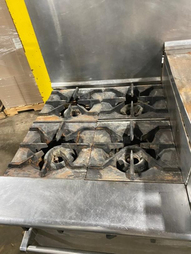 American Range Commercial Stainless Steel Natural Gas Powered 4 Burner Range/Raised Flat Griddle Split Top & Double Oven Combo! With Built-In Broiler/Cheese Melter! With Back Splash & Wire Oven Racks! On Legs! - Image 6 of 9