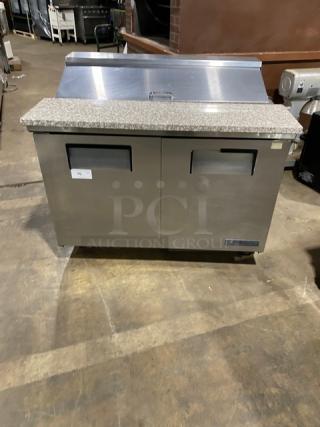 True Commercial Stainless Steel 2 Door Refrigerated Bain Marie Mega Top Salad/Sandwich Prep Table! With Marble Style Cutting Board! Model: TSSU-48-12 SN: 1-3500802! 115V 1 Phase! On Casters!