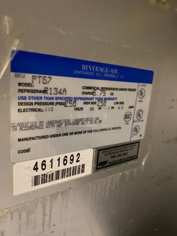 Beverage-Air Commercial Stainless Steel 2 Door Refrigerated Bain Marie Mega Top Pizza Prep Table! Model: PT67 SN: 4611692! 115V 1 Phase! On Casters! - Image 7 of 9