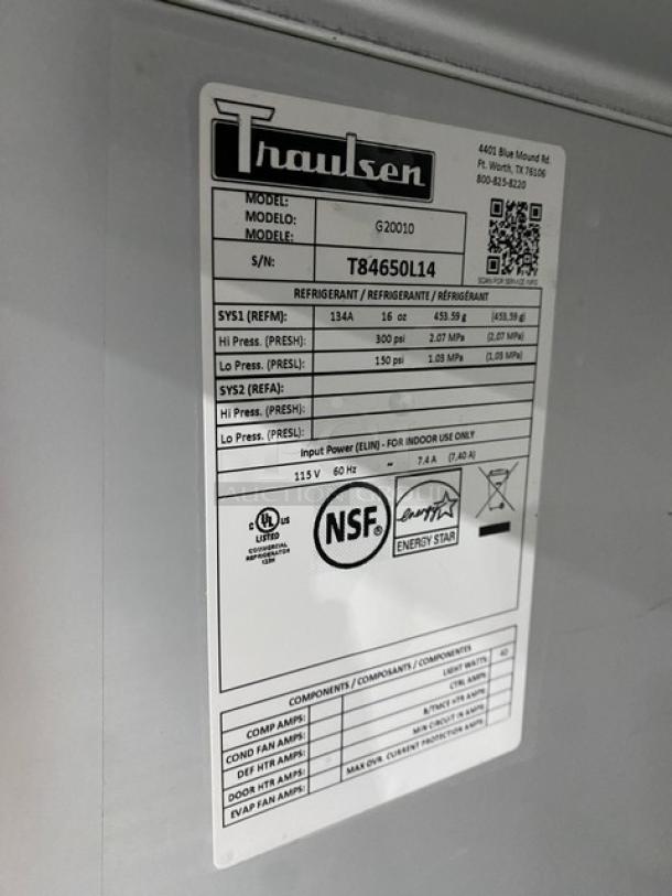 Traulsen G-Series Commercial Stainless Steel Solid 2 Door Reach In Refrigerator! Energy Star Certified! With Poly Coated Wire Racks! Model: G20010 SN: T84650L14! 115V! On Casters! - Image 8 of 10