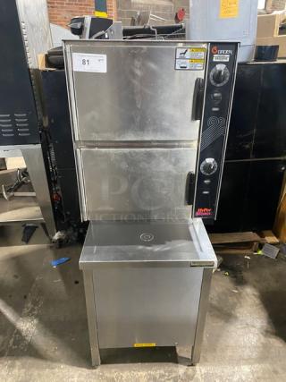 Groen! 2022 Late Model! HyPer Steam Series Commercial Stainless Steel Electric Powered Dual Compartment 6-Pan Convection Steamer Cabinet! With Individual Compartment Controls! With Built-In Pan Holding Racks! Model: HY-6E SN: 6E28720MSM02! 480V 3 Phase! On Bullet Feet Legs!