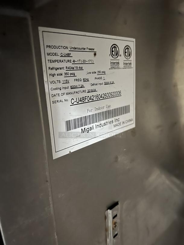 Migali Commercial Stainless Steel 2 Door Undercounter Worktop Freezer! With Poly Coated Wire Rack! Model: C-U48F SN: C-U48F04216042600920006! 115V 1 Phase! On Casters! - Image 7 of 8