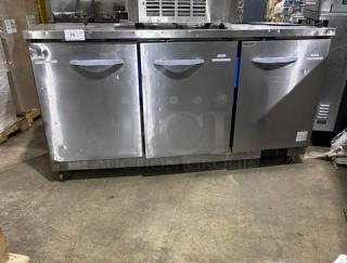 Ikon Series Commercial Stainless Steel 3 Door Undercounter Worktop Freezer! With Poly Coated Wire Rack! Model: KUC72F SN: KUC72F9024463! 115V 1 Phase! On Casters!