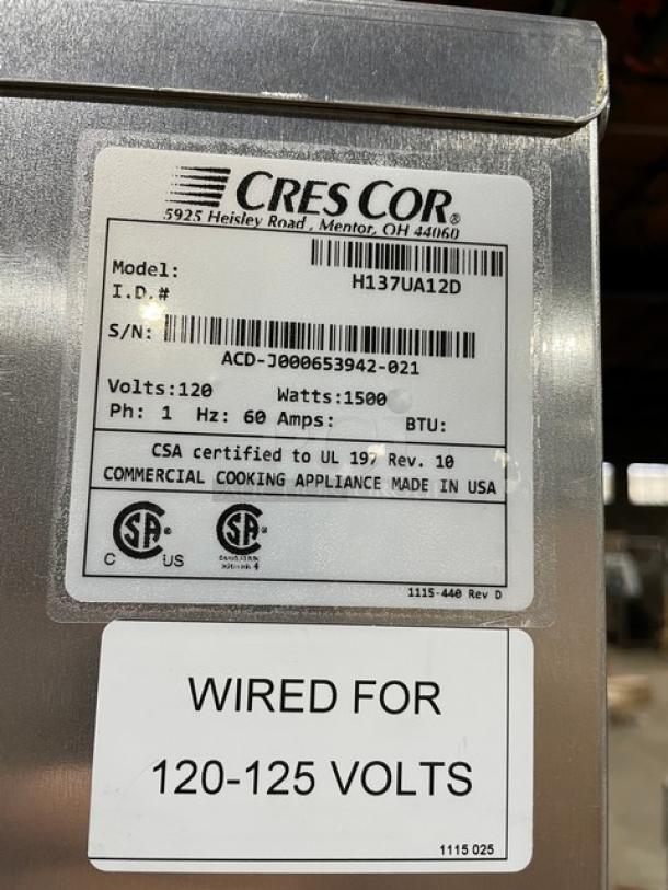 BRAND NEW! Cres-Cor Commercial Stainless Steel Solid Dutch Door Insulated Heated Holding/Proofing Cabinet! Model: H-137-UA-12D SN: ACD-J000653942-021! 120V 1 Phase! On Casters! - Image 10 of 11