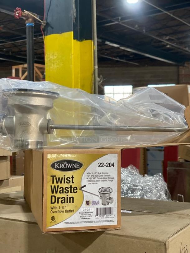 BRAND NEW! Krowne Commercial Twist Lever Waste Drain! With Stainless Steel Strainer, Flange & Handle! With 1.25" Overflow Outlet! Model: 22-204! - Image 5 of 6