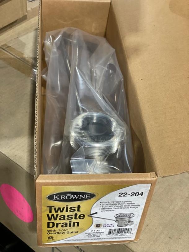 BRAND NEW! Krowne Commercial Twist Lever Waste Drain! With Stainless Steel Strainer, Flange & Handle! With 1.25" Overflow Outlet! Model: 22-204! - Image 4 of 6