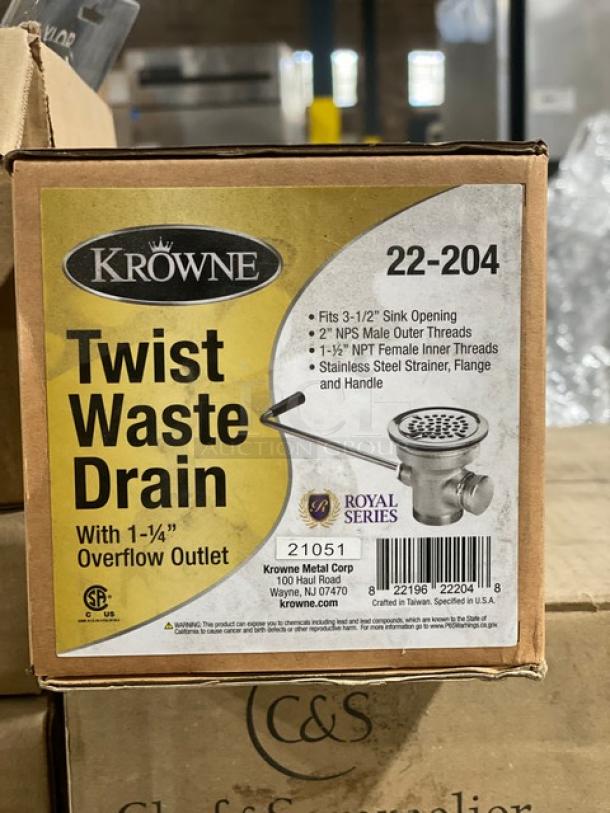 BRAND NEW! Krowne Commercial Twist Lever Waste Drain! With Stainless Steel Strainer, Flange & Handle! With 1.25" Overflow Outlet! Model: 22-204! - Image 6 of 6