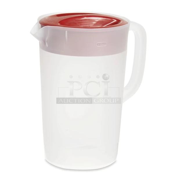 BRAND NEW! Rubbermaid Commercial Clear Base 1 Gal. Simply-Pour Economy/Beverage Pitcher! With Red Multi-Function Lid! 4 Per Case! Model: 1978082! ALL ONE MONEY! - Image 1 of 6