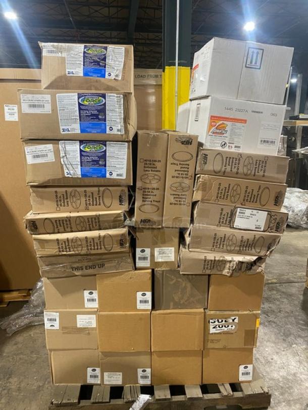 BRAND NEW! MIXED PALLET! Force Commercial Fast Drying Anti-Bacterial Wipes! Model: 2XL401! With HFA Commercial Aluminum 18” Round Serving/Cater Trays! Model: 4019-120-25! With Tablecraft Commercial 16 Oz. SelecTop Wide Mouth Squeeze Bottles! Model: 11663C3! With Advantage Commercial Hand Sanitizing Wipes! Model: F10B03! 81X Your Bid! - Image 1 of 8