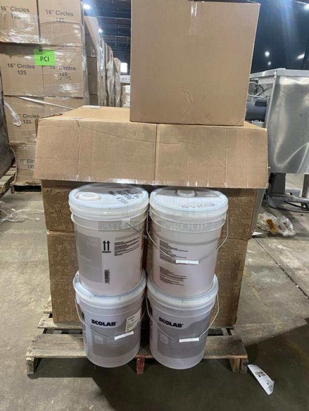 BRAND NEW! MIXED PALLET! EcoLab Commercial 5 Gal. Liquid Laundry Hard Water Conditioner! With Cal-Mil Commercial Mid-Century Walnut/Chrome 3-Tier Display Riser Shelves! Model: CAL970849! With Winco Premium Heavy-Duty Aluminum Steel 12” Round Springform Pan! & More! 14X Your Bid! - Image 1 of 11
