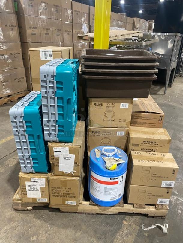BRAND NEW! MIXED PALLET! C.A.C. China Commercial White Scalloped-Edge Style 12-5/8” Oval Seville Platters! With Gold Trim Band! Model: SC-14G! With Chef & Sommelier Infinity Collection Commercial Bone White China 6-3/8" Round Bread & Butter Plates! by Arc Cardinal - 24/Case! Model: FN006! With Tablecraft Commercial Clear 24 Oz. Dual-Way Squeeze Bottles! Model: TABC24SV! With Pasabahce Imperial Collection Commercial Clear 7 Oz. Champagne Flutes! Model: 44704! With Ecolab Commercial Lime-A-Way Select Delimer/Lime Scale Remover! Model: 6100823! With Commercial Brown Heavy Duty Utility Bin/Bus Box! With Commercial Teal/Gray Full-Size Cups Racks! With EcoLab Vortexx Commercial 4 Gal. Acid Liquid Sanitizer! Model: 6300862! With Cocktail Kingdom DANUTA Collection Commercial Clear 15 Oz. Double Rocks Glassware! Model: GLA-DANRCK15! & More! 37X Your Bid! - Image 1 of 13