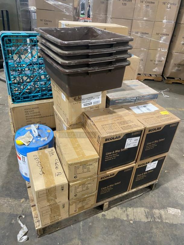 BRAND NEW! MIXED PALLET! C.A.C. China Commercial White Scalloped-Edge Style 12-5/8” Oval Seville Platters! With Gold Trim Band! Model: SC-14G! With Chef & Sommelier Infinity Collection Commercial Bone White China 6-3/8" Round Bread & Butter Plates! by Arc Cardinal - 24/Case! Model: FN006! With Tablecraft Commercial Clear 24 Oz. Dual-Way Squeeze Bottles! Model: TABC24SV! With Pasabahce Imperial Collection Commercial Clear 7 Oz. Champagne Flutes! Model: 44704! With Ecolab Commercial Lime-A-Way Select Delimer/Lime Scale Remover! Model: 6100823! With Commercial Brown Heavy Duty Utility Bin/Bus Box! With Commercial Teal/Gray Full-Size Cups Racks! With EcoLab Vortexx Commercial 4 Gal. Acid Liquid Sanitizer! Model: 6300862! With Cocktail Kingdom DANUTA Collection Commercial Clear 15 Oz. Double Rocks Glassware! Model: GLA-DANRCK15! & More! 37X Your Bid! - Image 2 of 13