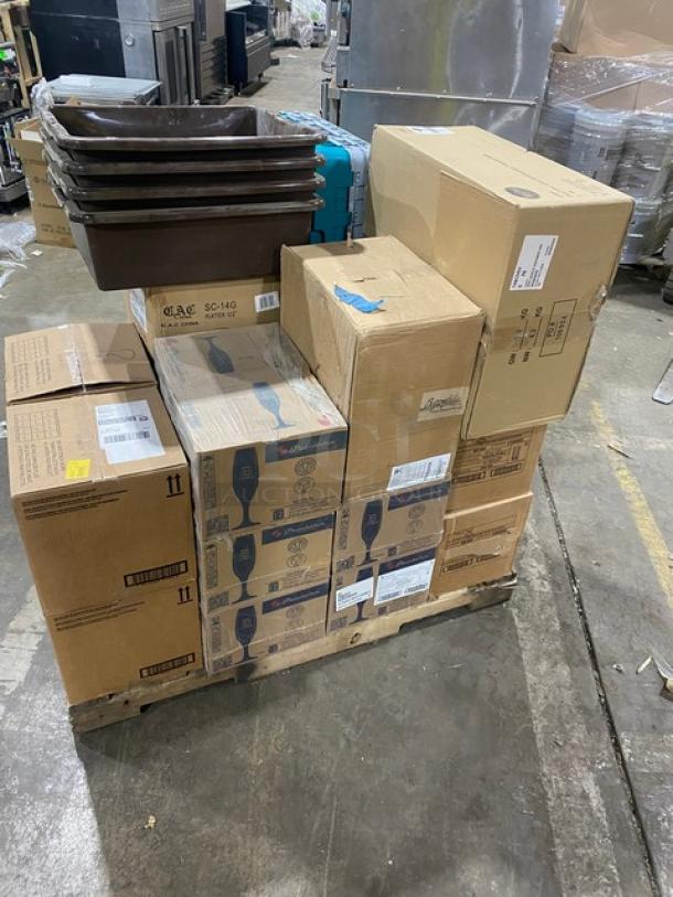 BRAND NEW! MIXED PALLET! C.A.C. China Commercial White Scalloped-Edge Style 12-5/8” Oval Seville Platters! With Gold Trim Band! Model: SC-14G! With Chef & Sommelier Infinity Collection Commercial Bone White China 6-3/8" Round Bread & Butter Plates! by Arc Cardinal - 24/Case! Model: FN006! With Tablecraft Commercial Clear 24 Oz. Dual-Way Squeeze Bottles! Model: TABC24SV! With Pasabahce Imperial Collection Commercial Clear 7 Oz. Champagne Flutes! Model: 44704! With Ecolab Commercial Lime-A-Way Select Delimer/Lime Scale Remover! Model: 6100823! With Commercial Brown Heavy Duty Utility Bin/Bus Box! With Commercial Teal/Gray Full-Size Cups Racks! With EcoLab Vortexx Commercial 4 Gal. Acid Liquid Sanitizer! Model: 6300862! With Cocktail Kingdom DANUTA Collection Commercial Clear 15 Oz. Double Rocks Glassware! Model: GLA-DANRCK15! & More! 37X Your Bid! - Image 3 of 13