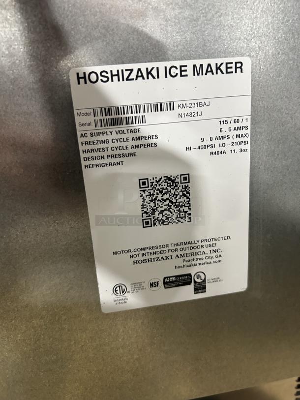 NEW! Scratch-N-Dent! Hoshizaki Commercial Stainless Steel Electric Powered Air-Cooled Self Contained Undercounter Cresent Cube Ice Making Machine! With Built In 80 Lb. Storage Bin! With Top-Hinged Easy Lift Style Access! Model: KM-231BAJ SN: N14821J! 115V 1 Phase! - Image 7 of 7