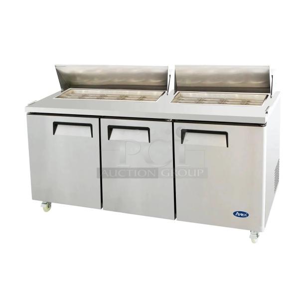 NEW! Atosa! 2024 Late Model! Commercial Stainless Steel 3 Door Refrigerated Bain Marie Style Mega Top Salad/Sandwich Prep Table! With Removable Cutting Board! With Clear Polycarbonate Food Pans! With Poly Coated Wire Racks! Model: MSF8304GR SN: MSF8304AUS1TNB9015! 115V 1 Phase! On Casters! - Image 1 of 6