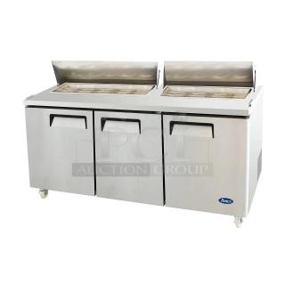 NEW! Atosa! 2024 Late Model! Commercial Stainless Steel 3 Door Refrigerated Bain Marie Style Mega Top Salad/Sandwich Prep Table! With Removable Cutting Board! With Clear Polycarbonate Food Pans! With Poly Coated Wire Racks! Model: MSF8304GR SN: MSF8304AUS1TNB9015! 115V 1 Phase! On Casters!