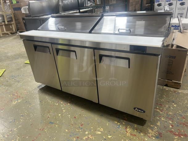 NEW! Atosa! 2024 Late Model! Commercial Stainless Steel 3 Door Refrigerated Bain Marie Style Mega Top Salad/Sandwich Prep Table! With Removable Cutting Board! With Clear Polycarbonate Food Pans! With Poly Coated Wire Racks! Model: MSF8304GR SN: MSF8304AUS1TNB9015! 115V 1 Phase! On Casters! - Image 2 of 6