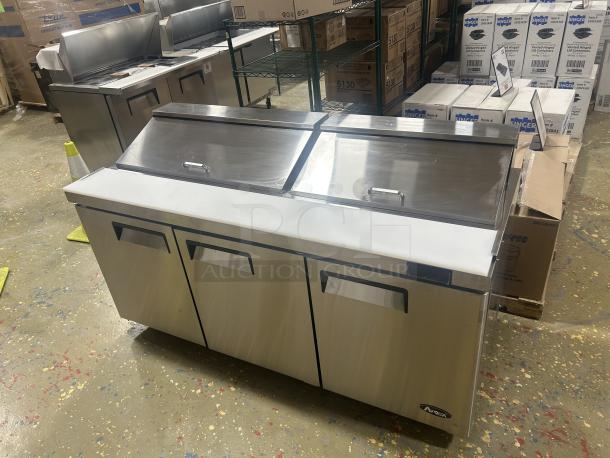 NEW! Atosa! 2024 Late Model! Commercial Stainless Steel 3 Door Refrigerated Bain Marie Style Mega Top Salad/Sandwich Prep Table! With Removable Cutting Board! With Clear Polycarbonate Food Pans! With Poly Coated Wire Racks! Model: MSF8304GR SN: MSF8304AUS1TNB9015! 115V 1 Phase! On Casters! - Image 3 of 6