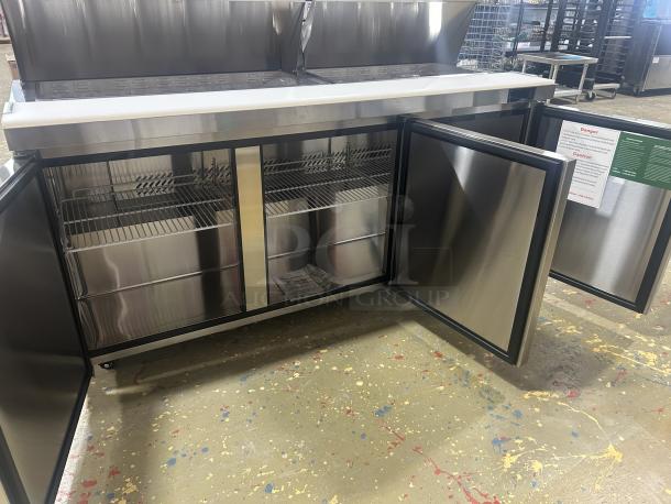 NEW! Atosa! 2024 Late Model! Commercial Stainless Steel 3 Door Refrigerated Bain Marie Style Mega Top Salad/Sandwich Prep Table! With Removable Cutting Board! With Clear Polycarbonate Food Pans! With Poly Coated Wire Racks! Model: MSF8304GR SN: MSF8304AUS1TNB9015! 115V 1 Phase! On Casters! - Image 5 of 6