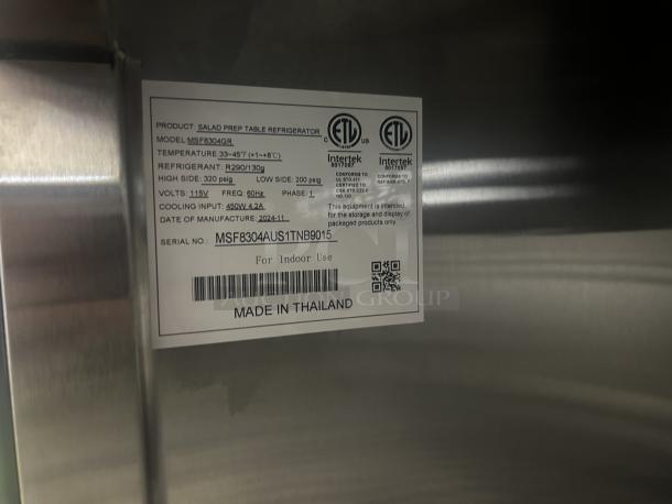 NEW! Atosa! 2024 Late Model! Commercial Stainless Steel 3 Door Refrigerated Bain Marie Style Mega Top Salad/Sandwich Prep Table! With Removable Cutting Board! With Clear Polycarbonate Food Pans! With Poly Coated Wire Racks! Model: MSF8304GR SN: MSF8304AUS1TNB9015! 115V 1 Phase! On Casters! - Image 6 of 6