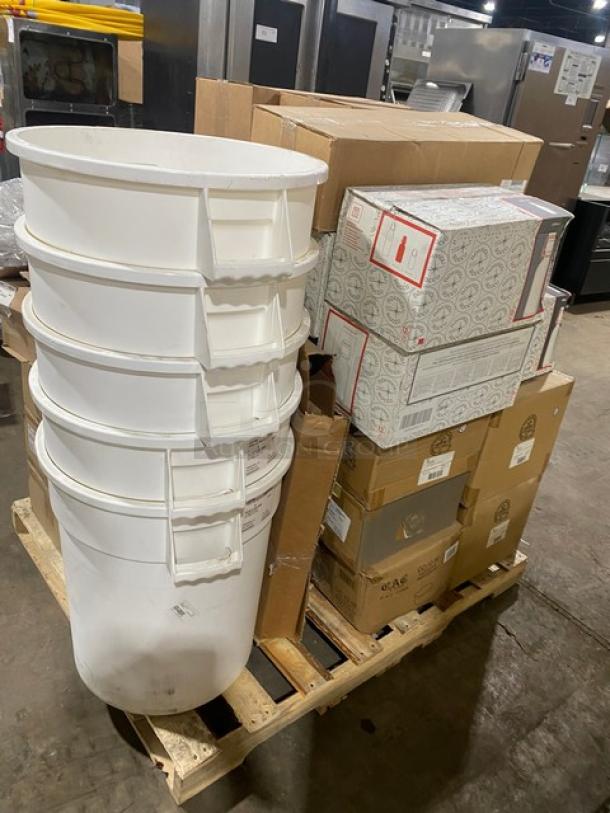 BRAND NEW! MIXED PALLET! C.A.C. China Commercial American White Porcelain 12 Oz. Onion Soup Crock! Model: OC-12-W! With MFG Tray Commercial White Fiberglass Dough Proofing Box! Model: 870008-5269! With Steelite Internation Bormioli Rocco Collection Commercial Clear 17 Oz. Emilia Swing Top Bottles! Model: 49137Q472! With Cal-Mil Commercial Bamboo Rectangular Plate Display/Risers! Model: 166-3-60! With Commercial White Heavy Duty 20 Gal. Round Trash/Waste Bin! With Fat Daddio’s Commercial Anodized Aluminum Rectangular Sheet Cake Pans! Model: POB-12182! & More! 27X Your Bid! - Image 2 of 10