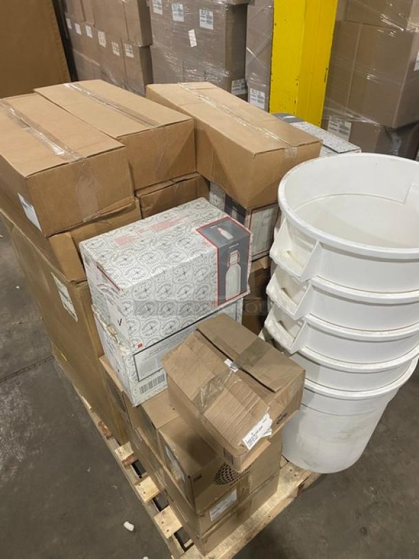 BRAND NEW! MIXED PALLET! C.A.C. China Commercial American White Porcelain 12 Oz. Onion Soup Crock! Model: OC-12-W! With MFG Tray Commercial White Fiberglass Dough Proofing Box! Model: 870008-5269! With Steelite Internation Bormioli Rocco Collection Commercial Clear 17 Oz. Emilia Swing Top Bottles! Model: 49137Q472! With Cal-Mil Commercial Bamboo Rectangular Plate Display/Risers! Model: 166-3-60! With Commercial White Heavy Duty 20 Gal. Round Trash/Waste Bin! With Fat Daddio’s Commercial Anodized Aluminum Rectangular Sheet Cake Pans! Model: POB-12182! & More! 27X Your Bid! - Image 10 of 10