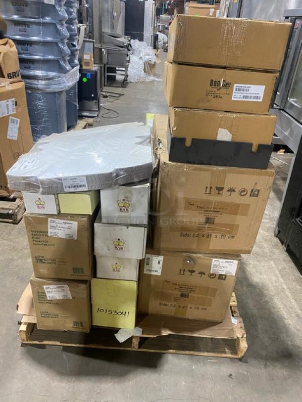 BRAND NEW! MIXED PALLET! Rak Porcelain Banquet Series Commercial Ivory White Porcelain 20.3 Oz. Stackable Salad Bowls! Model: BASB16! With R3 Redistribution Commercial White 10”x10”x5” Cake/Bakery Boxes! Model: J27B03! With Bon Chef Commercial Starlight Hot Stone/Stainless Steel 6 Qt. Cucina Induction Brazier Pot With Lid & Handles! Model: 60030STARLIGHT! With Steelite International Commercial White Porcelain 6 Qt. Rectangular Chafer Inserts! Model: WLWI55P! With Inno-Pak's Commercial Kraft Paperboard 8"x8"x2.5" Pie/Bakery Box! Model: 011000203-P! & More! 34X Your Bid! - Image 1 of 10