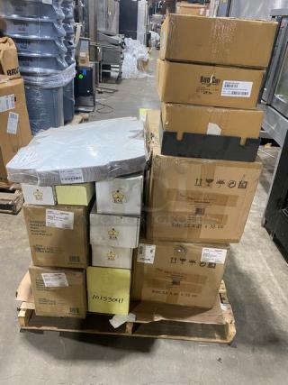 BRAND NEW! MIXED PALLET! Rak Porcelain Banquet Series Commercial Ivory White Porcelain 20.3 Oz. Stackable Salad Bowls! Model: BASB16! With R3 Redistribution Commercial White 10”x10”x5” Cake/Bakery Boxes! Model: J27B03! With Bon Chef Commercial Starlight Hot Stone/Stainless Steel 6 Qt. Cucina Induction Brazier Pot With Lid & Handles! Model: 60030STARLIGHT! With Steelite International Commercial White Porcelain 6 Qt. Rectangular Chafer Inserts! Model: WLWI55P! With Inno-Pak's Commercial Kraft Paperboard 8"x8"x2.5" Pie/Bakery Box! Model: 011000203-P! & More! 34X Your Bid!