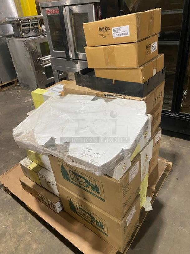 BRAND NEW! MIXED PALLET! Rak Porcelain Banquet Series Commercial Ivory White Porcelain 20.3 Oz. Stackable Salad Bowls! Model: BASB16! With R3 Redistribution Commercial White 10”x10”x5” Cake/Bakery Boxes! Model: J27B03! With Bon Chef Commercial Starlight Hot Stone/Stainless Steel 6 Qt. Cucina Induction Brazier Pot With Lid & Handles! Model: 60030STARLIGHT! With Steelite International Commercial White Porcelain 6 Qt. Rectangular Chafer Inserts! Model: WLWI55P! With Inno-Pak's Commercial Kraft Paperboard 8"x8"x2.5" Pie/Bakery Box! Model: 011000203-P! & More! 34X Your Bid! - Image 2 of 10