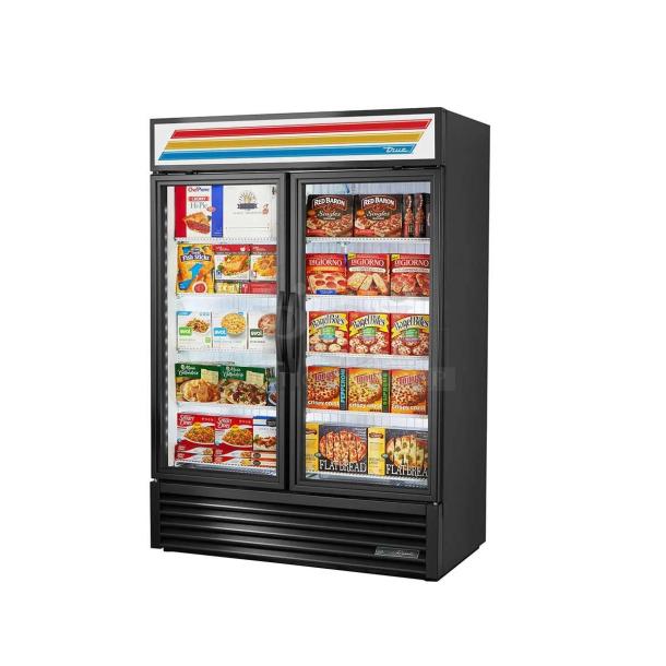 NEW! True Commercial Black Powder Coated Double Glass Swing Door Reach In Merchandiser Freezer! Energy Star Certified! With Poly Coated Wire Racks! Model: GDM-49F-HC~TS01 SN: 10883494! 115V 1 Phase! - Image 1 of 5