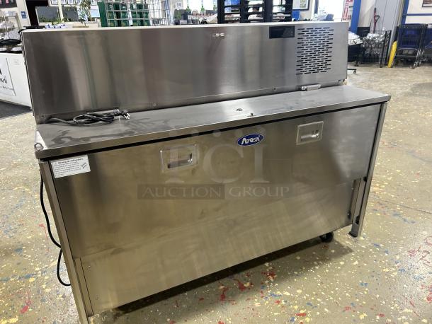 NEW! Scratch-N-Dent! Atosa! 2023 Late Model! Commercial Stainless Steel Electric Powered 16 Crate Forced-Air Single Sided Milk Cooler! With Sliding Door! With Dunnage Racks & Floor Drain! Model: AMC-5801 SN: AMC-5801AUS1C00023061000C40005! 115V 1 Phase! On Casters! - Image 2 of 8